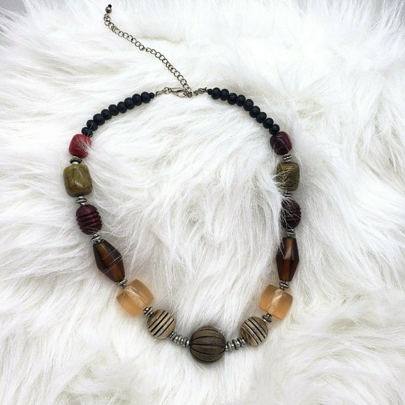 Semi Precious Wooden Curve & Art Bead Necklace - Picture 4 of 11